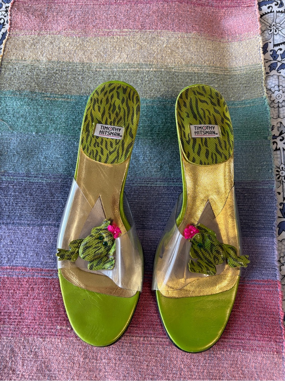 Vintage 90s Timothy Hitsman Lime Green Frog Embellished Slide Sandals see descri